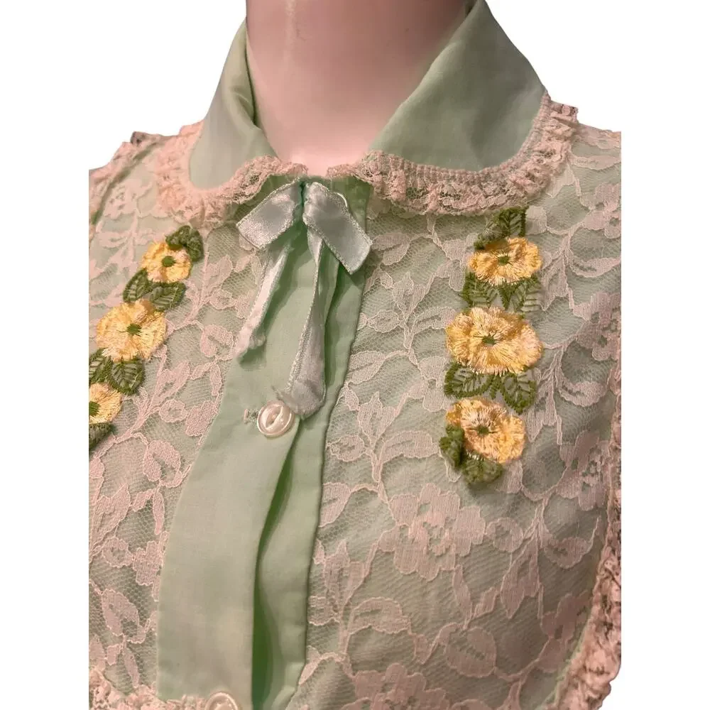 Vintage 1960s Mint Green Lace Cotton Nightgown Embroidered Floral Large -